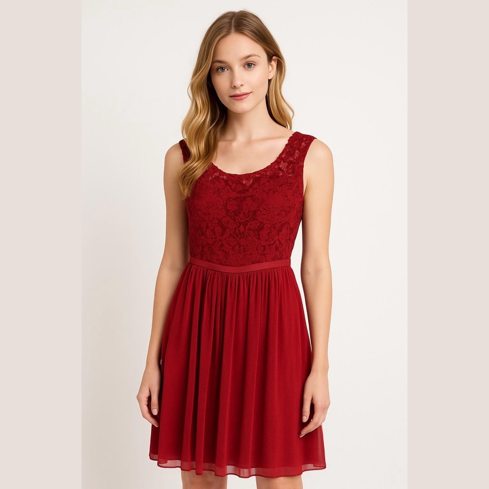 David's Bridal Dress Size 14 Red Lace Top Chiffon Skirt Party